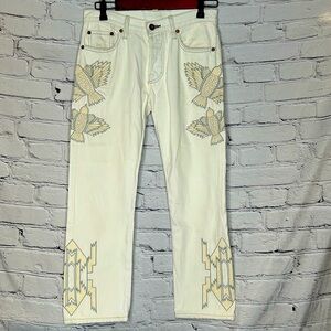 NSF Clothing Embroidered Cream & Gray Button Fly Ankle Jeans Size 26